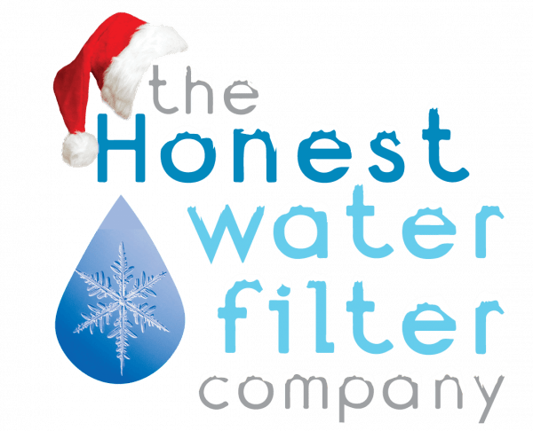 A logo for the honest water filter company with a santa hat
