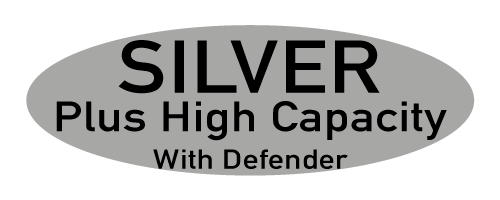 A silver plus high capacity with defender sticker on a white background.