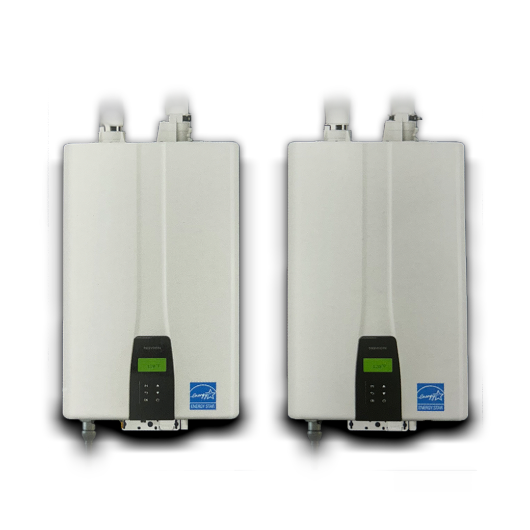 Two white water heaters on a white background