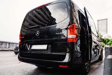 Black Mercedes van parked on a city street, viewed from the rear-left.
