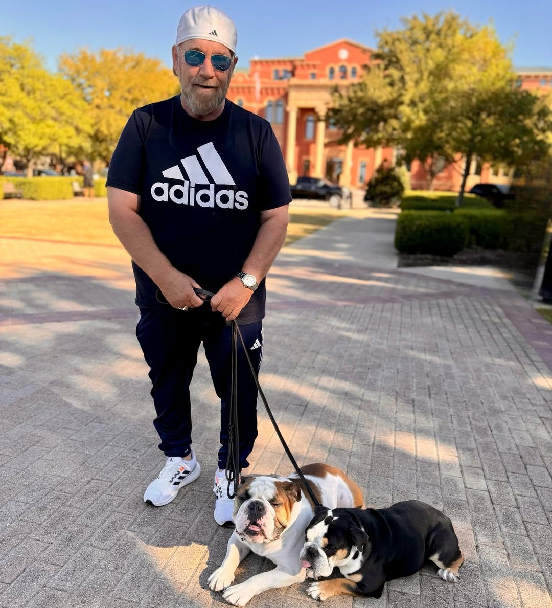 Man in Adidas shirt walks two bulldogs on a brick path in front of a red brick building.