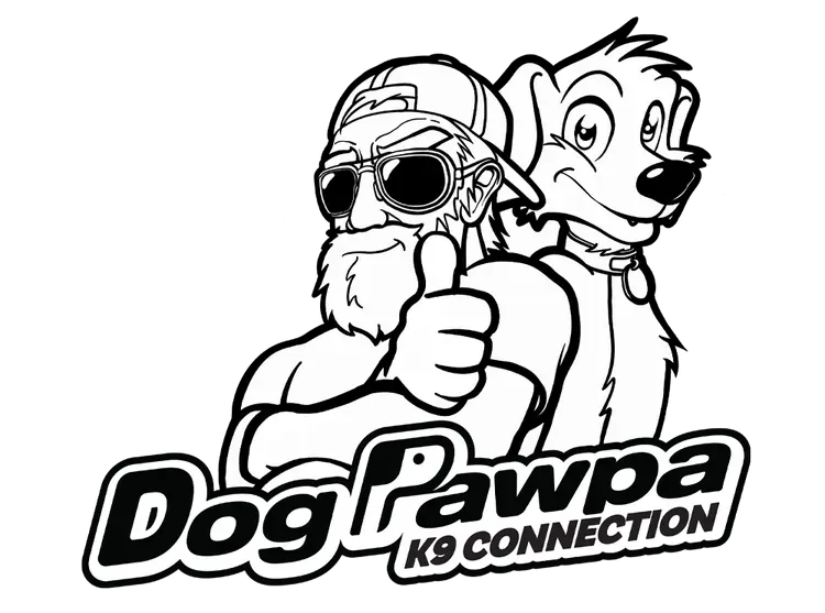 Dog Pawpa logo: man with dog, thumbs up, wearing sunglasses and a hat, with
