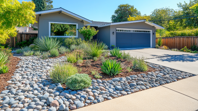 A house with a garage and a driveway surrounded by rocks and plants.