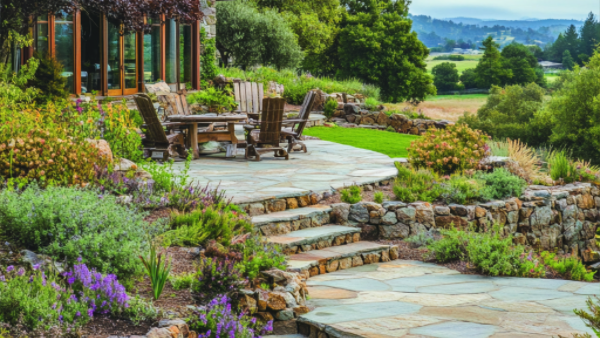 There is a patio with a table and chairs in the backyard.