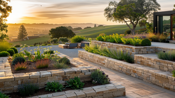 Stone terraced garden with lush plants overlooking a valley at sunset.