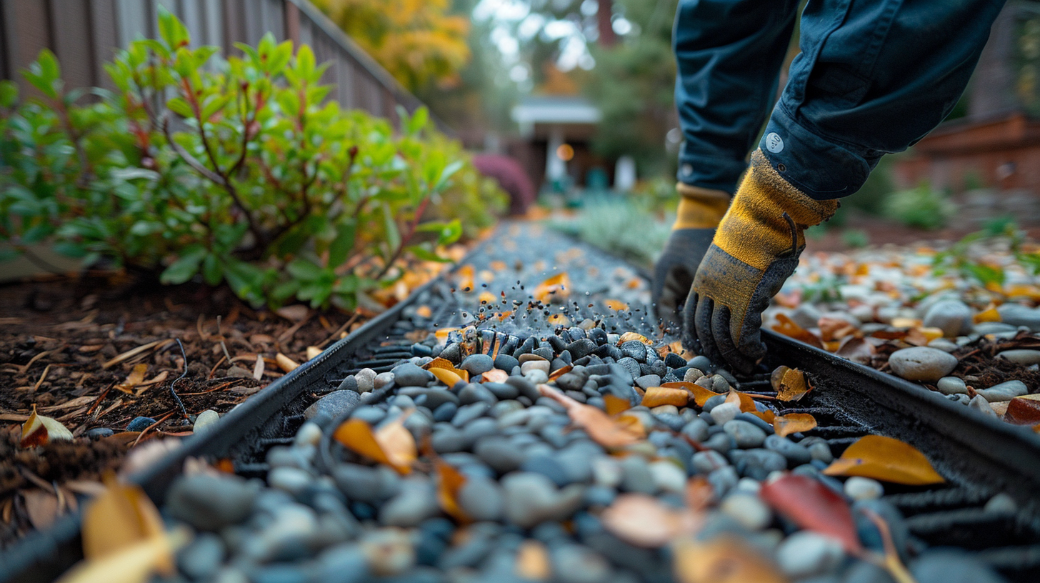 Person placing stones in a drainage channel in a garden.