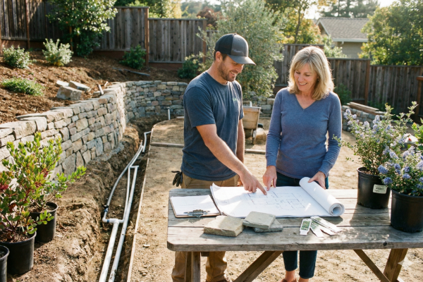 A man and woman review a blueprint outdoors, discussing a landscaping plan near a stone wall.