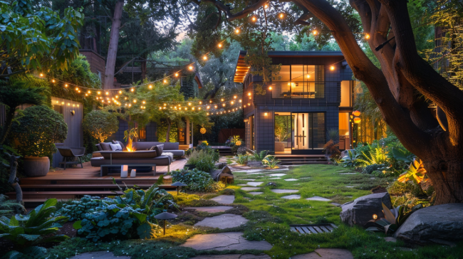 Backyard with string lights, a dark house, wooden deck with fire pit, and lush greenery.
