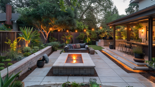Outdoor patio with lit fire pit, sofa, and covered bar area at dusk.