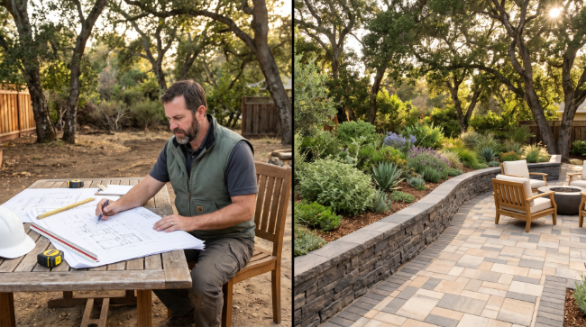 Man reviewing landscape plans at an outdoor patio table beside a landscaped garden and stone walkway