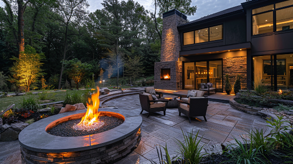 There is a fire pit in the backyard of a house.