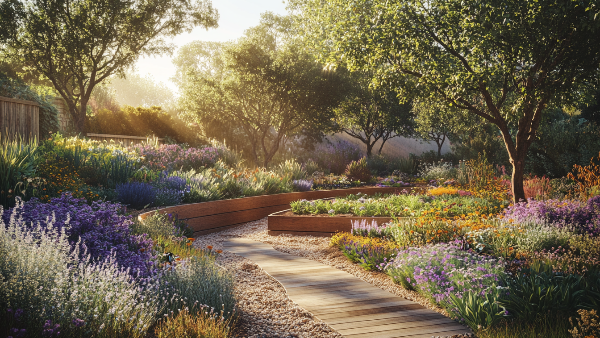 An artist's impression of a garden with flowers and trees.