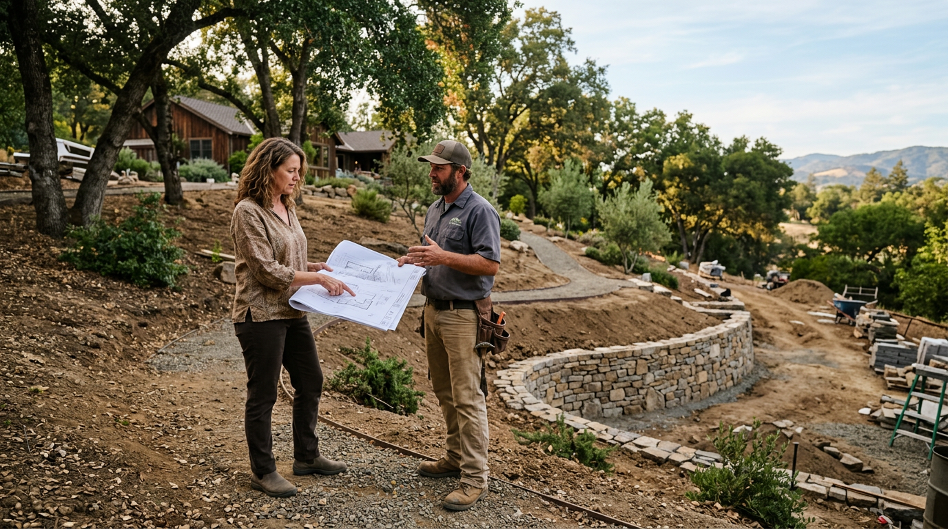 Two people reviewing a large site plan on a rocky hillside with stone terraced landscaping.