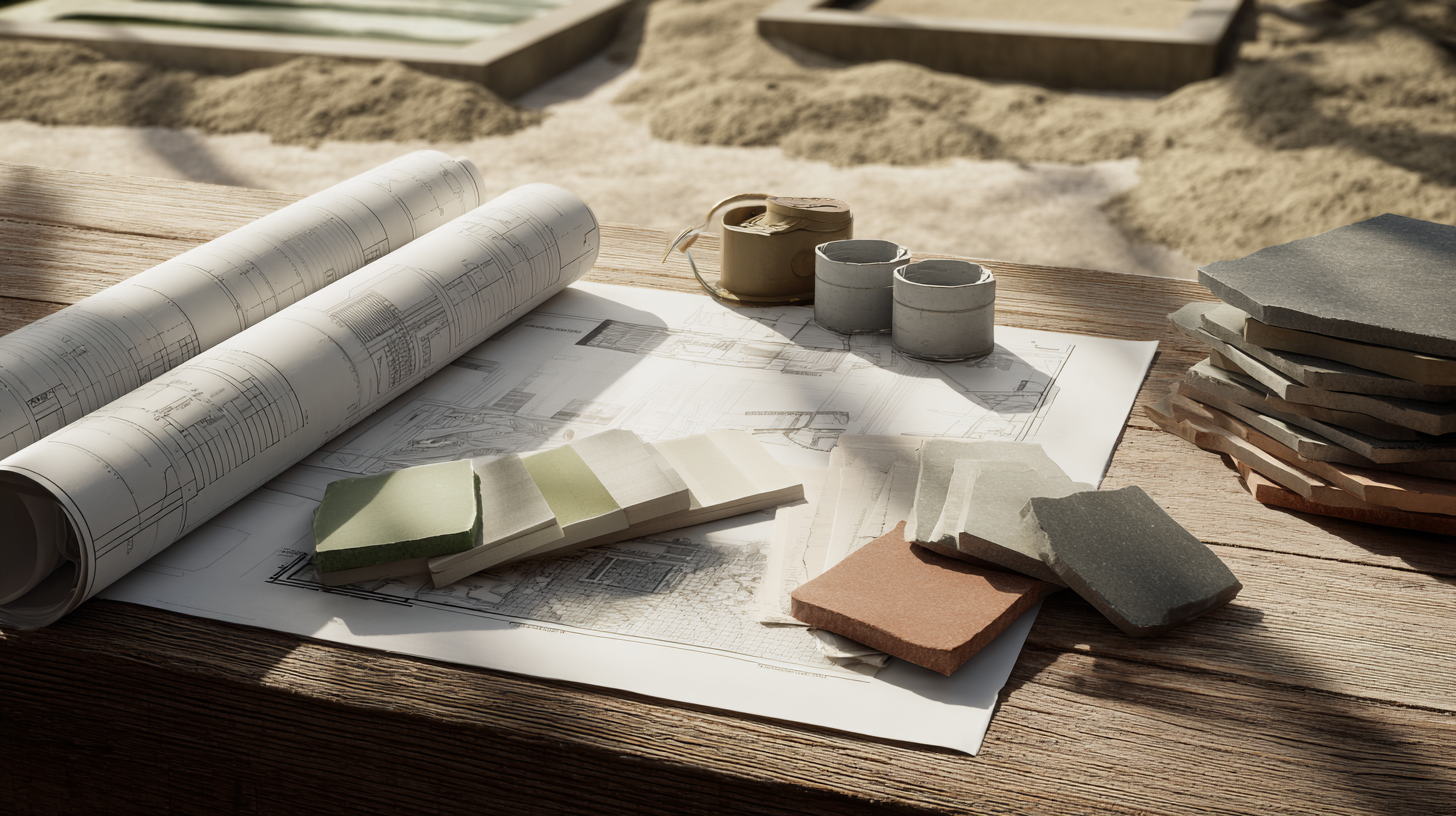 Architectural blueprints, color swatches, and stone samples lie on a wooden table in bright sunlight.