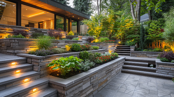 A modern house with a lush green garden and stairs leading up to it.