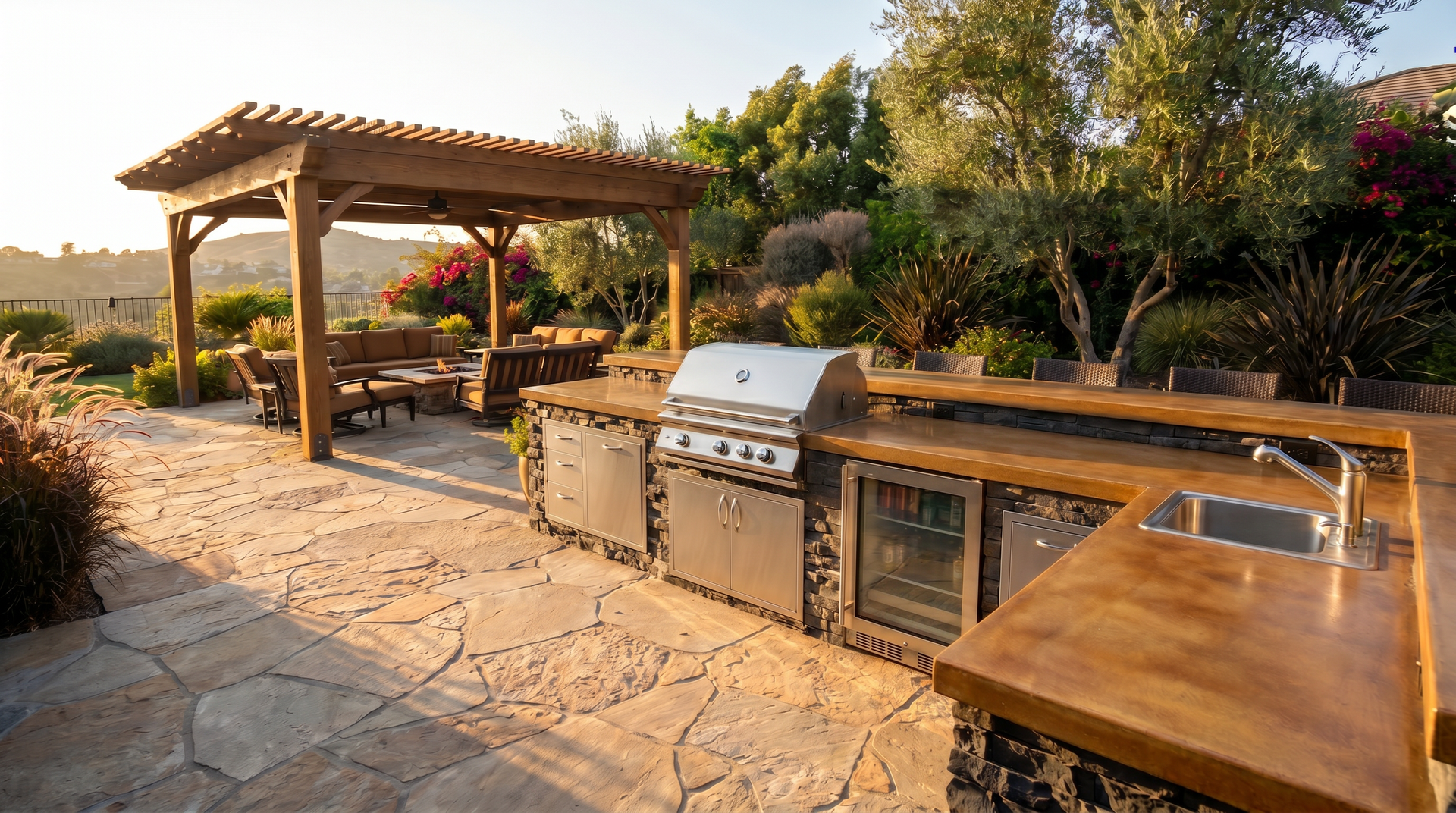 Outdoor backyard kitchen with built-in grill, stone patio, and wooden pergola seating area