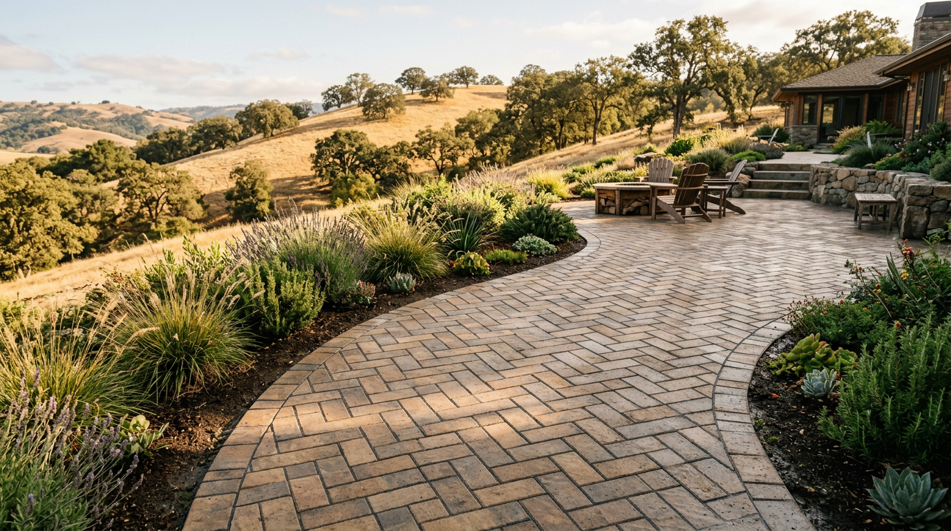 Curved brick patio path beside a house overlooking golden hills and landscaped gardens