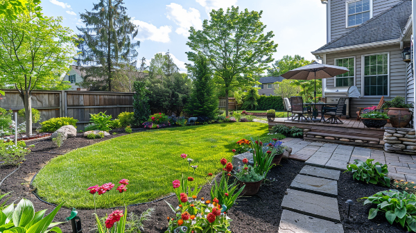 A backyard with a lush green lawn , flowers , and a patio.