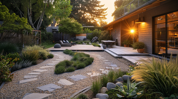 A backyard with a walkway leading to a patio and a house in the background.