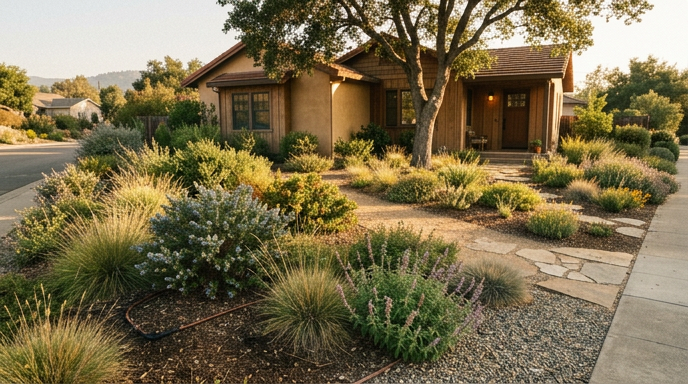 Desert-style home with native landscaping, stone walkway, and a tree in warm evening light