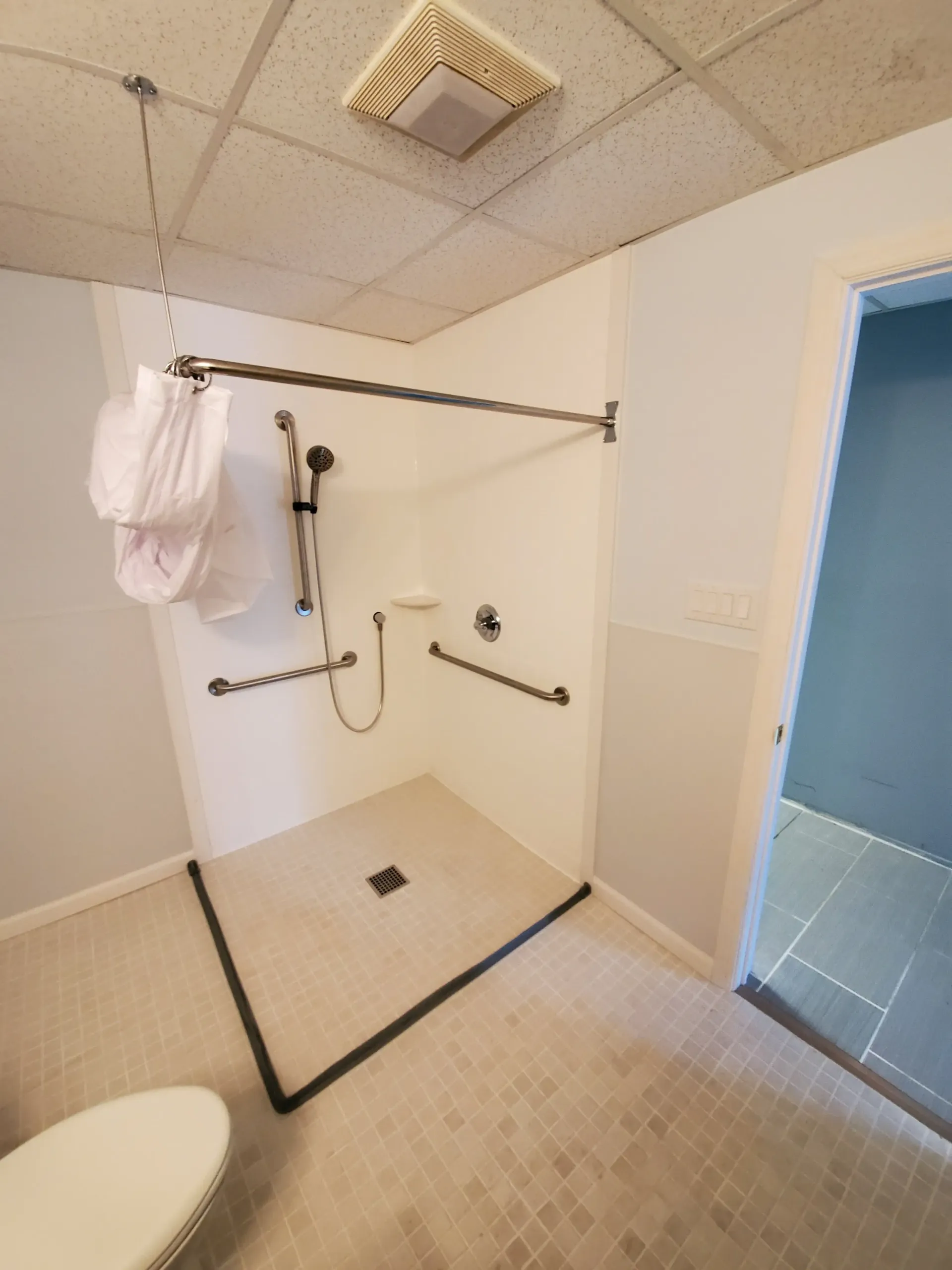 An accessible bathroom modification from Altamira Ltd. with a toilet and a walk in shower