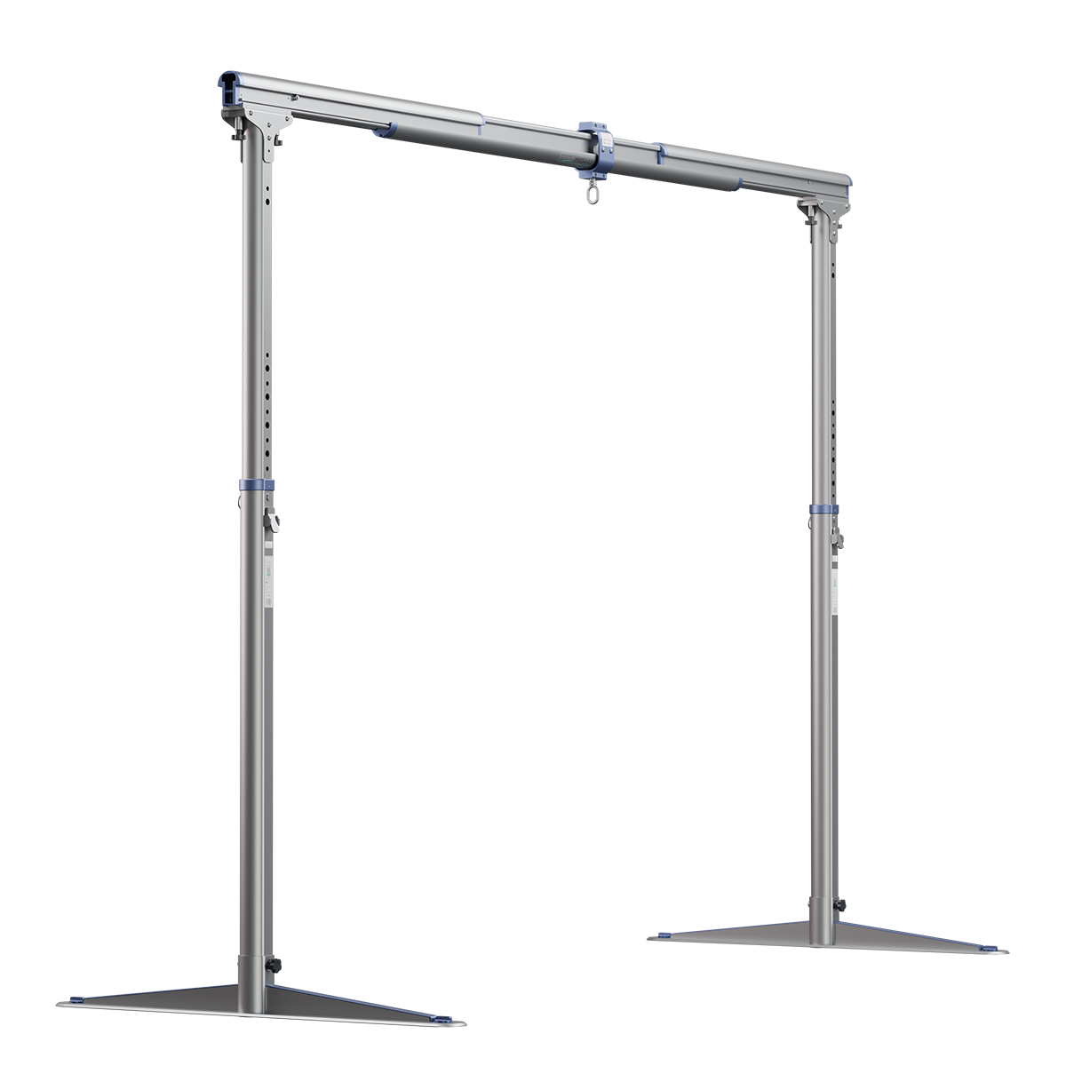 Silver overhead lighting stand with adjustable height legs.