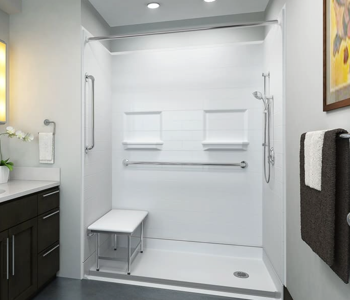 A bathroom with a walk in shower and a bench