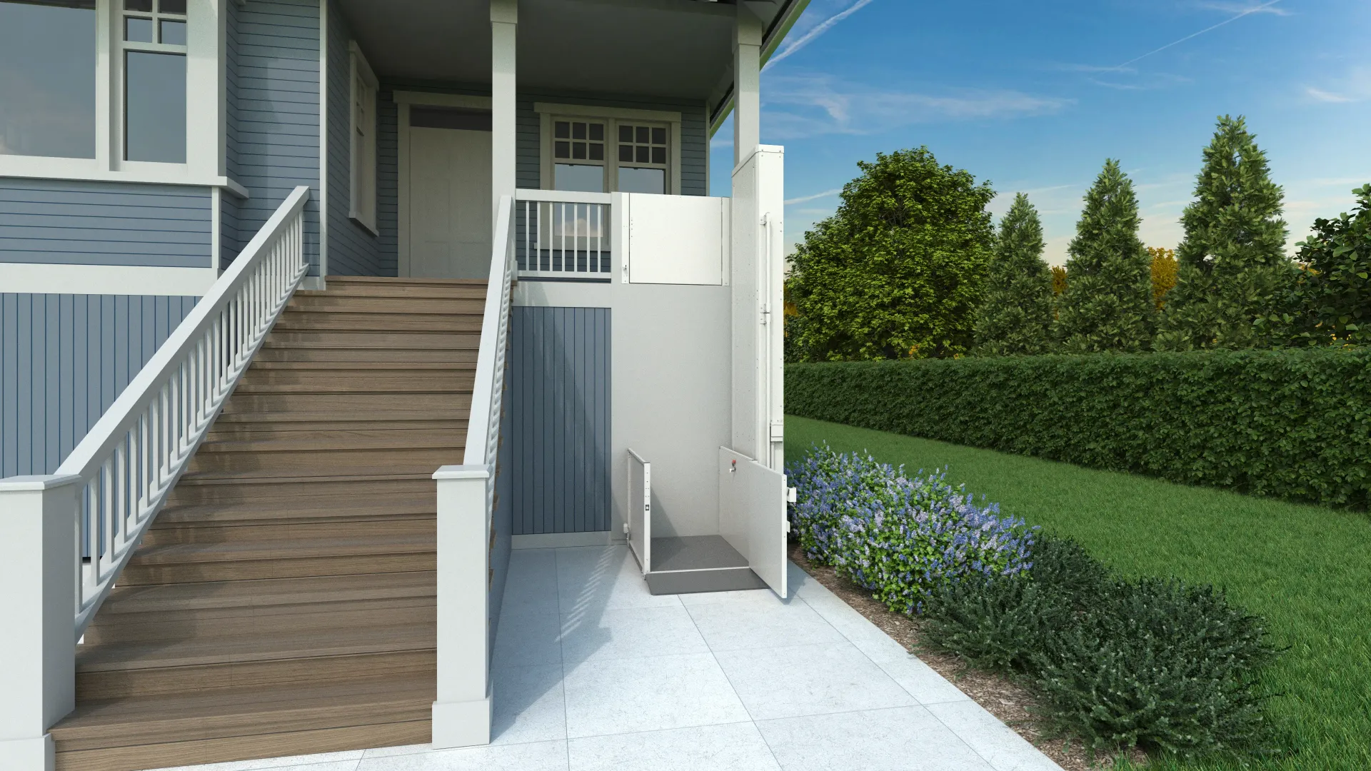 a house with stairs and a wheelchair lift also known as a vertical platform lift installed by Altamira Ltd. in Pittsburgh PA