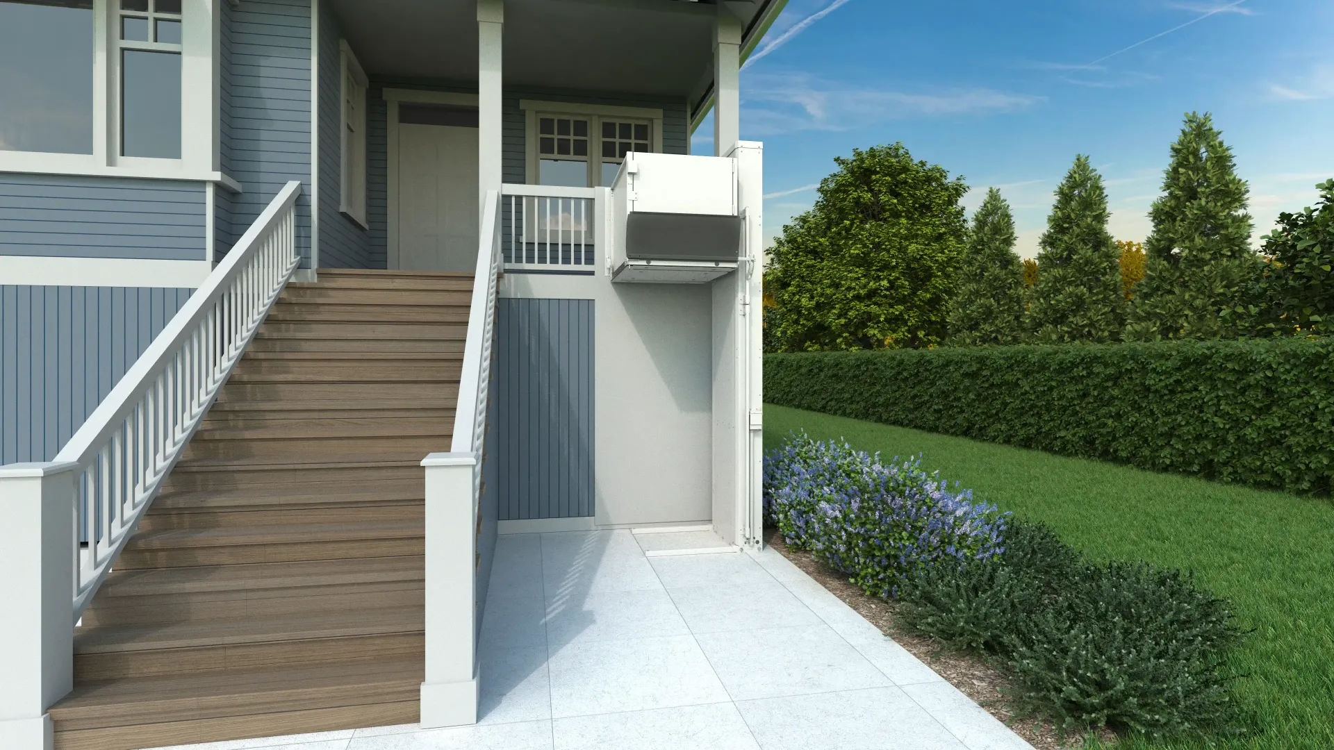 A house with stairs and a vertical platform lift or VPL on the side of it.