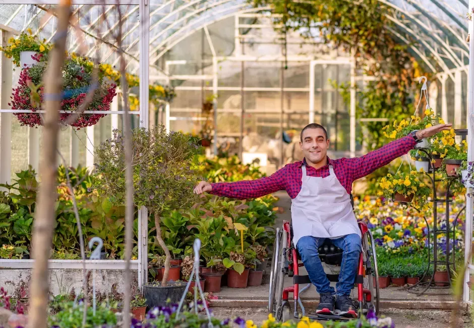 A man in a wheelchair is standing in a greenhouse with his arms outstretched.