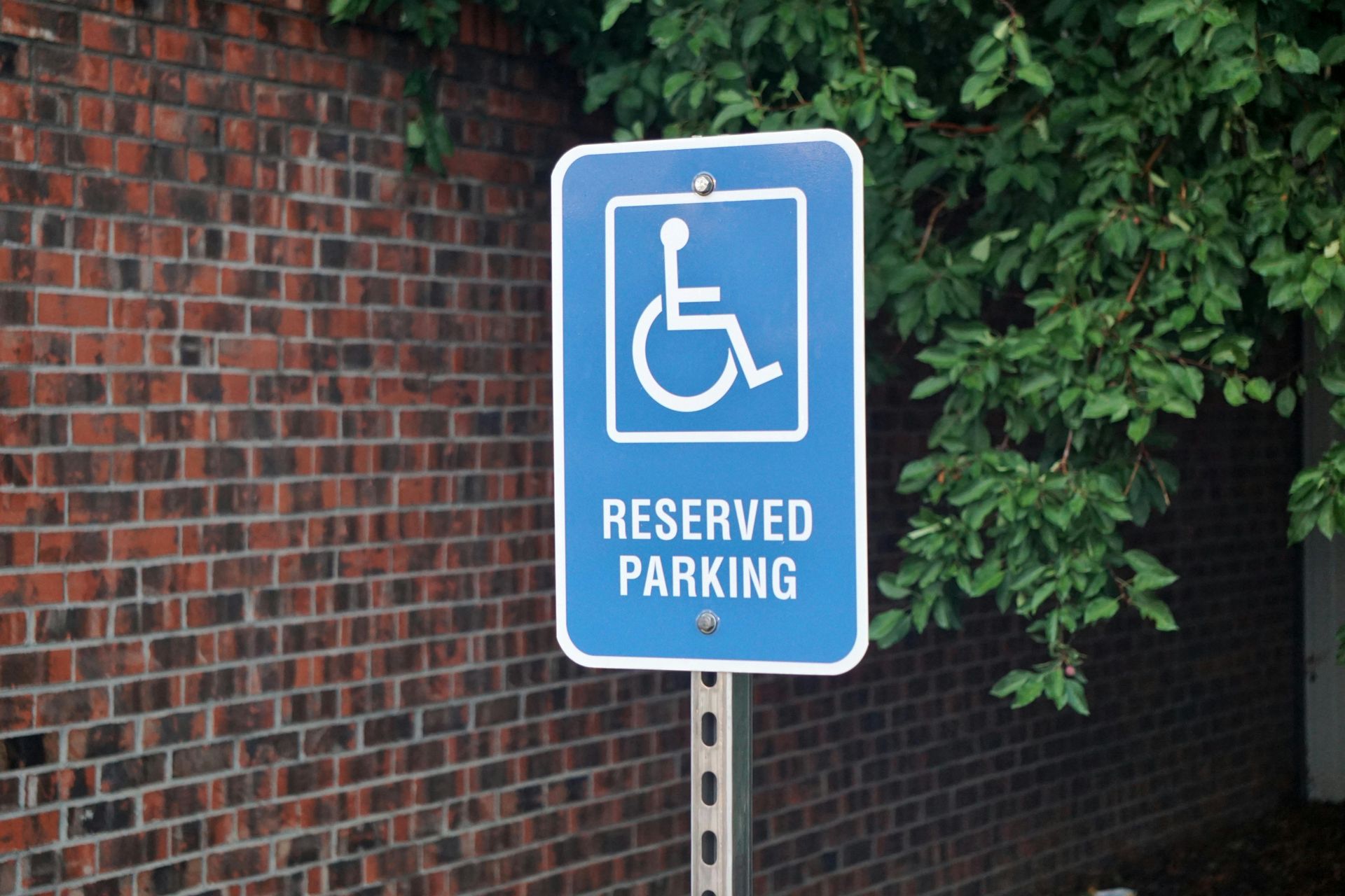 Blue handicapped parking sign on a metal pole; brick wall backdrop with leafy green tree.