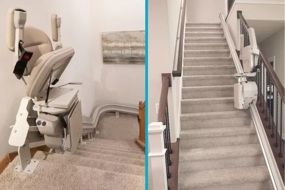 A picture of a stair lift and a picture of a staircase.