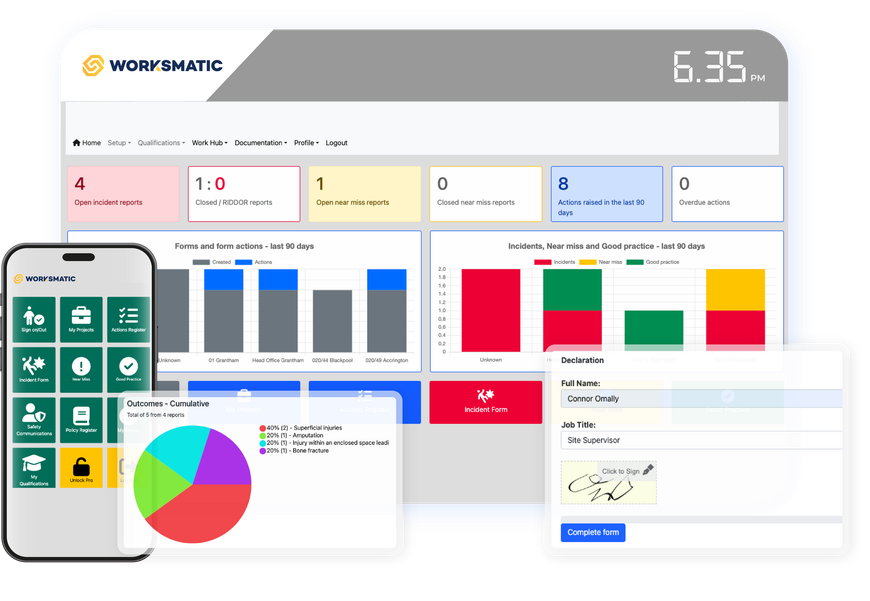 Dashboard with charts and mobile app showing business analytics data.