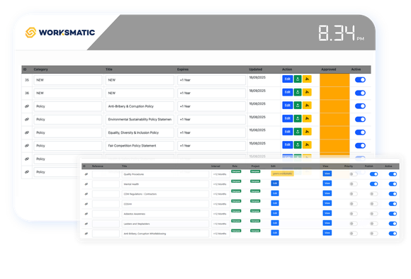 Two layered screenshots of a table-based dashboard, likely for task or project management, with a clock display.