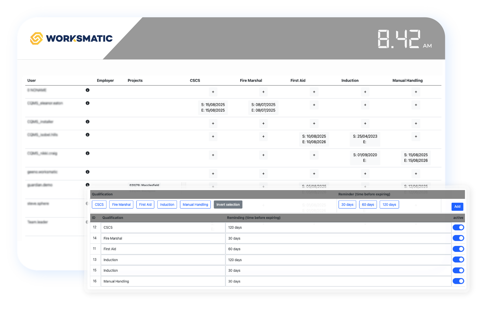 Work-related interface with a grid, various fields, and a time displayed, suggesting task tracking and time management.
