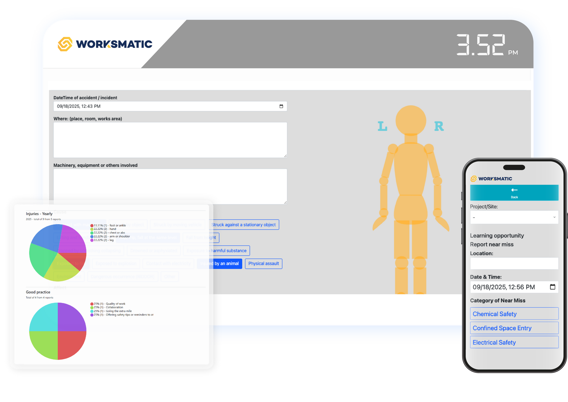 Software interface showcasing health data with graphs, a body illustration, and a mobile phone.