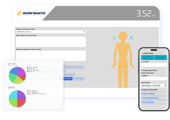 Software interface showcasing health data with graphs, a body illustration, and a mobile phone.