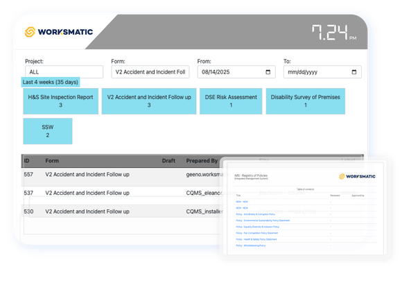 Work management dashboard displaying task statuses, user information, and project details.