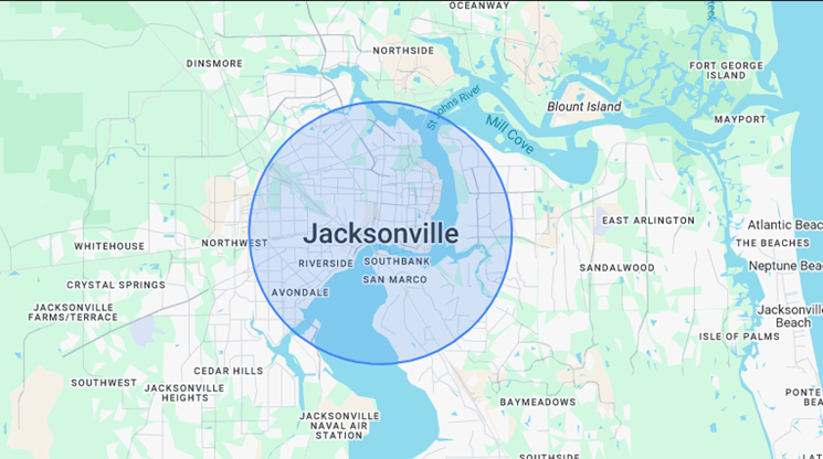 Map of Jacksonville, Florida, with a blue circular overlay centered on the city.