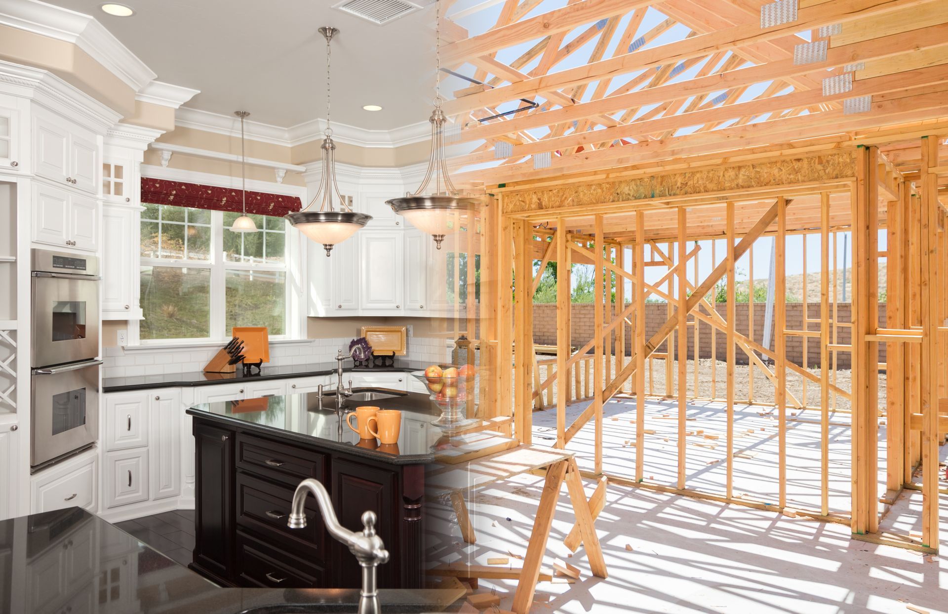 a wooden frame structure of a house under construction.