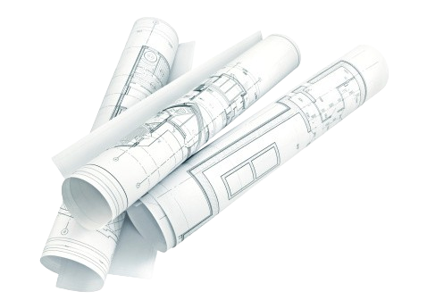 Rolled architectural blueprints, white paper with detailed black line drawings, scattered on a white surface.