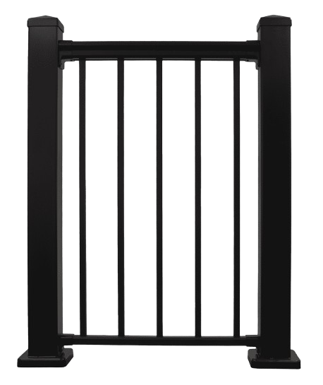 Black metal railing section with vertical balusters.
