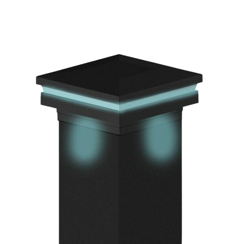 Black square post with illuminated blue lights on top and sides.