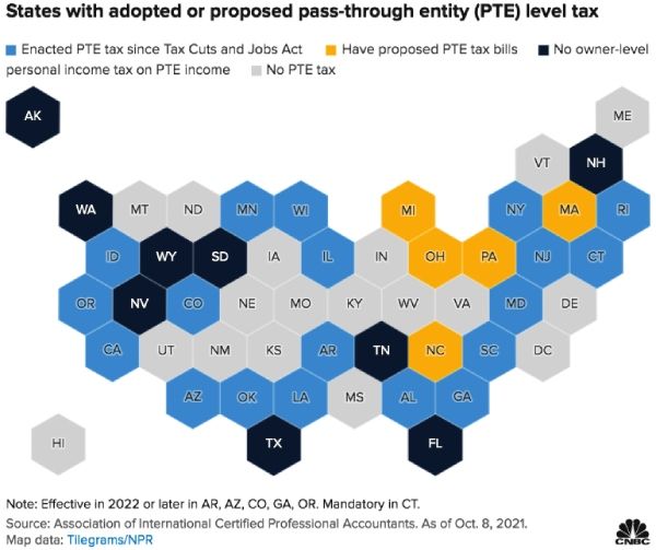 Map of U.S. states with pass-through entity (PTE) tax status. 