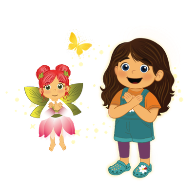 A cartoon girl with brown hair looking upward, smiling, and wearing overalls.