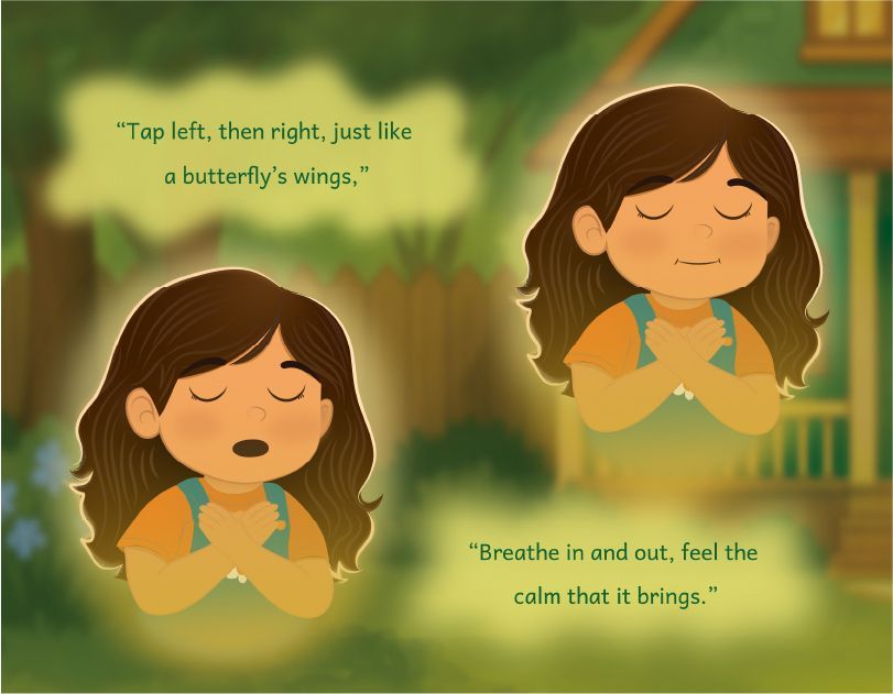 Illustration of Myla practicing Wings Over My Heart Butterfly Taps outdoors, crossing her hands over her chest and tapping left then right with eyes closed to feel calm. A wooden fence and garden greenery surround her. From the story Myla Learns Wings Over My Heart by Angela Thibault, Satori Kid Club.