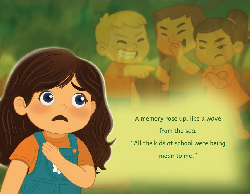 Illustration of Myla remembering a painful moment at school, holding her chest while other children in the background laugh and point. The soft green backdrop emphasizes the emotional weight of the memory. From the story Myla Learns Wings Over My Heart by Angela Thibault, Satori Kid Club.