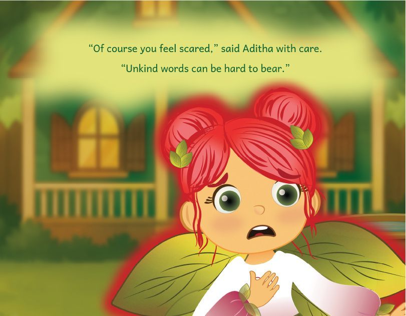 Illustration of Aditha, the Root Energy Fairy, placing a hand on her chest as she gently validates Myla’s fear, standing outside a warm, green house. Her leaf wings and soft expression convey empathy. From the story Myla Learns Wings Over My Heart by Angela Thibault, Satori Kid Club.