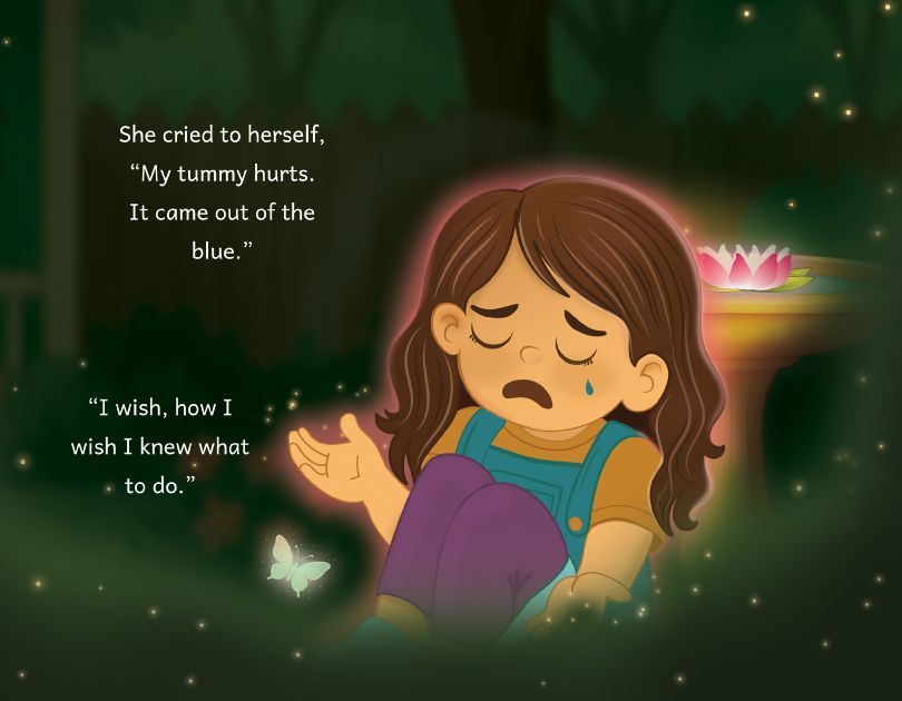 Myla with wavy hair sits outdoors at night, cradling their stomach, surrounded by glowing lights and a butterfly. Illustration from the story Myla Learns Wings Over My Heart by Angela Thibault. Satori Kid Club