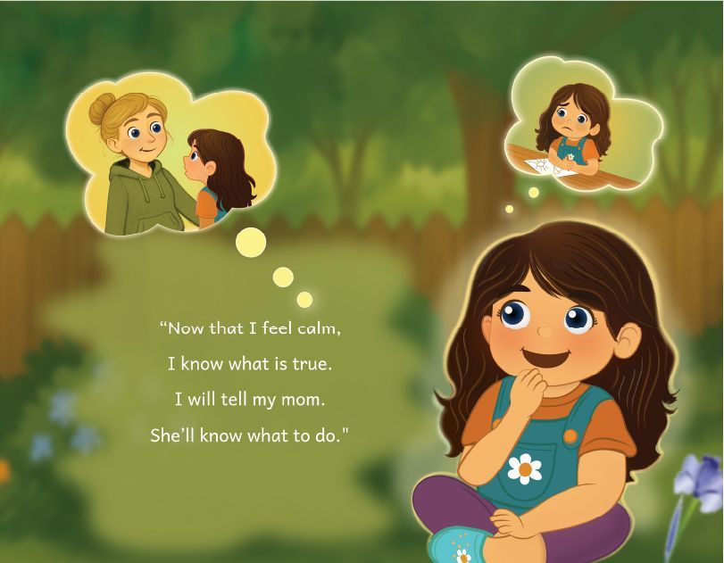 Illustration of Myla standing in a garden, thinking calmly with two thought bubbles showing possible next steps: sitting at a table to reflect or talking to her mom for support. From the story Myla Learns Wings Over My Heart by Angela Thibault, Satori Kid Club.